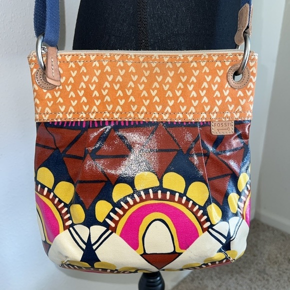 Fossil Vintage Key-Per Crossbody Hobo Canvas Bag Paisley Design Orange Hot Pink - Picture 4 of 16